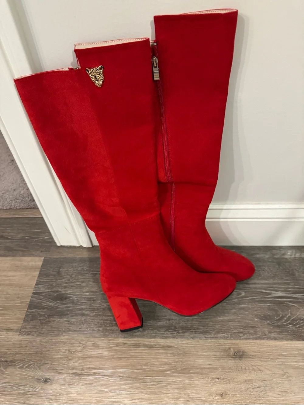 Red Suede Knee-High Block Heel Boots - Women 8.5